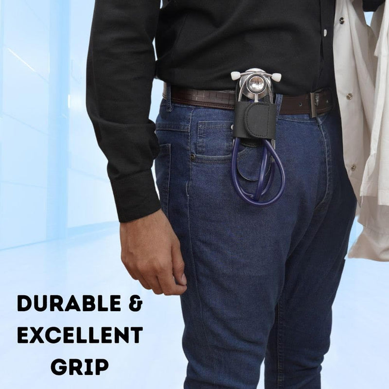 [Australia - AusPower] - Genuine Leather Black Stethoscope Holder for Nurses and Doctors 