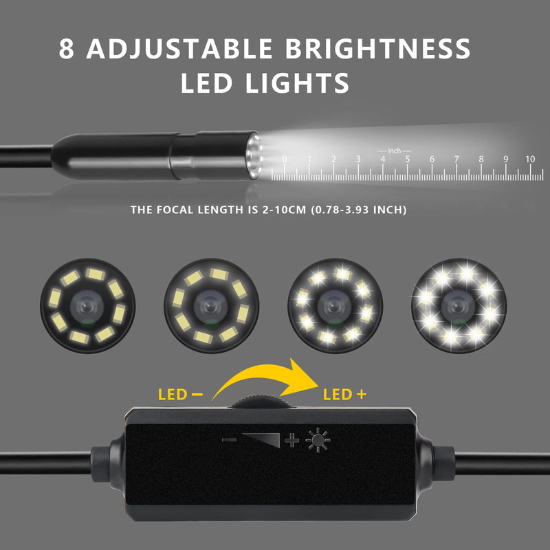 [Australia - AusPower] - Endoscope Camera with Light, 1920P HD Borescope with 8 Adjustable LED Lights, 16.4ft Semi-Rigid Snake Cable IP67 Waterproof Inspection Camera for iOS and Android 