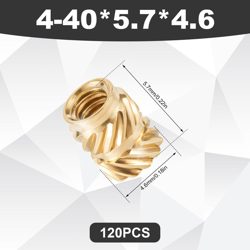 [Australia - AusPower] - 120pcs Threaded Insert, 4-40 x 5.7 x 4.6mm 3D Printing Brass Nuts Knurled Brass Nuts Female Thread Knurled Heat Embedment Nut for 3D Printing Parts Loptop Automotive Plastic Shell 