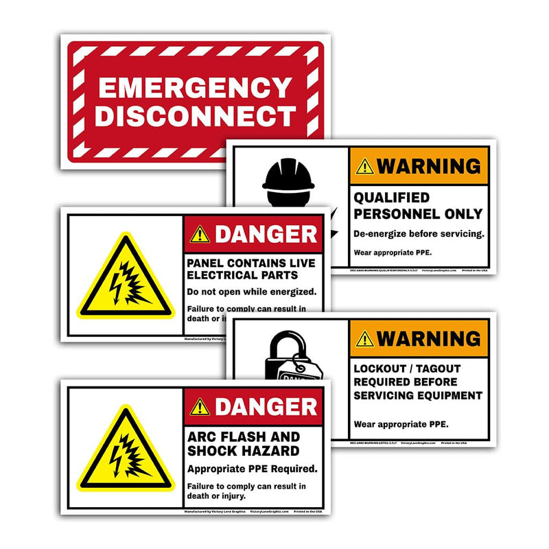Electrical Panel Safety Labels Kit – Arc Flash Warning, Emergency Disconnect, Lockout Tagout & Qualified Personnel Signs – ANSI-Style Industrial Vinyl Decals – 5 Pack
