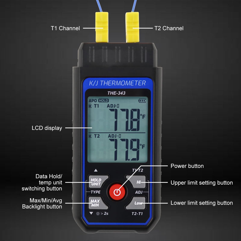 [Australia - AusPower] - Thermocouple Thermometer Digital K/J Type with 4 K Type Thermocouple, HVAC Thermometer with Alarm & Adj Compensation, Temperature Meter -328°F ~ 2501°F Measuring Range 