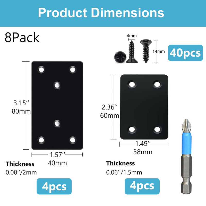 [Australia - AusPower] - 8 Pack Black Flat Mending Plate 3.15x1.57 & 2.36x1.49'', Stainless Steel Bracket, Straight Metal Brace Bracket, Fixing Joining Plate for Wood Furniture Fastening & Fixing Black, 3.15x1.57 & 2.36x1.49'' 8 