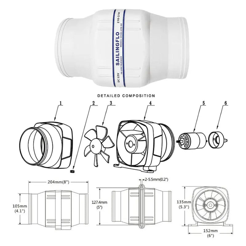 12V in-Line Marine Bilge Air Blower - 3" 130 CFM or 4“ 270 CFM, 3 Inch or 4 Inch Quiet Operation Bilge Blower Fan for Boat, Yacht(4", 270 CFM) 4''
