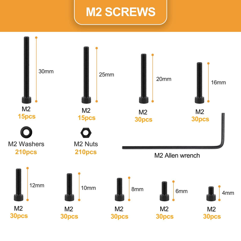 [Australia - AusPower] - 660Pcs M2 Screws Set Black, M2 x 4/6/8/10/12/16/20/25/30mm Hex Socket Head Cap Screws Nuts Washers Assortment Kit, 12.9 Grade Alloy Steel Assorted Screws, Fully Machine Threaded, Allen Socket Drive M2 Socket Cap 