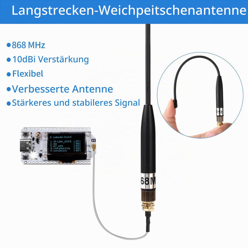 diymore 3-pack 868 MHz antenna, 10dBi gain for Meshtastic LoRa long-range soft whip antenna, 200mm SMA male (U.FL IPX) to SMA female cable, LoRa antenna for ESP32, LoRa 32 V3, LoRa V4 3 x antenna (868 MHz-10 dBi)