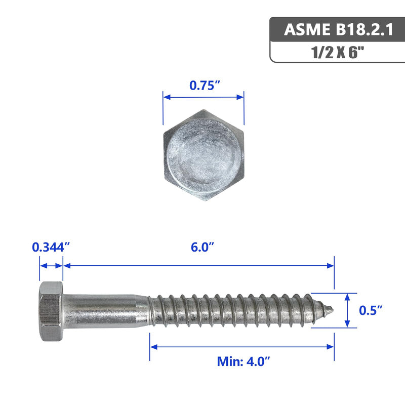 [Australia - AusPower] - 1/2 X 6" Hex Head Lag Screws Bolts, 304 Stainless Steel 18-8, Hexagon Head Wood Screws Hex Lag Screws, Pack of 1 1/2 X 6" 
