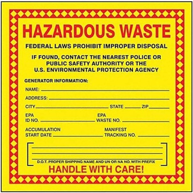 Accuform Hazardous Waste Adhesive-Poly Vinyl Label, Pack of 100, Legend Hazardous Waste - Federal Laws PROHIBIT Improper Disposal...Handle with Care, 6" x 6", Red/Black/Yellow, MHZW20EVC 100 Pack