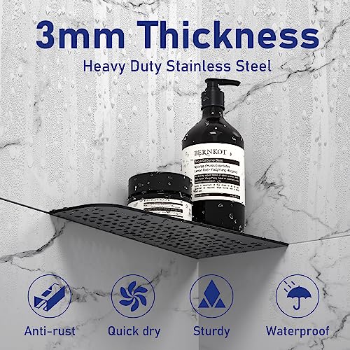 Corner shower shelf by Bernkot, 12-inch black stainless steel quadrilateral shower caddy with modern design.