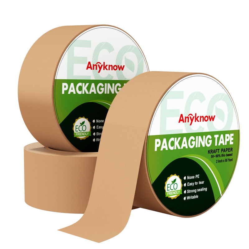 Eco Friendly Moving Tape (3 Pack), 2 Inch x 55 Yards, Strong Self-Adhesive Kraft Paper Tape for Boxes, Writable & Hand Tearable, Natural Rubber Brown Shipping Tape, Plastic-Free 3