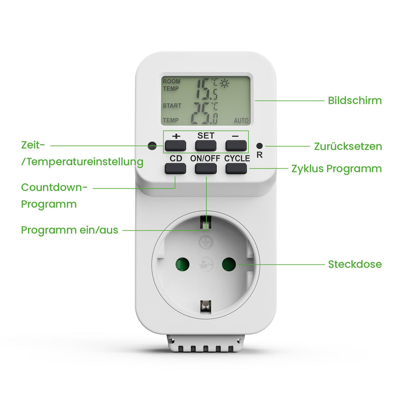 [Australia - AusPower] - conecto Digital Thermostat Socket with Internal Sensor and Time Control for Terrarium, Greenhouse, Smoker, Heating, Temperature Control, Cooling and Frost Monitor, 3600 Watt, White 