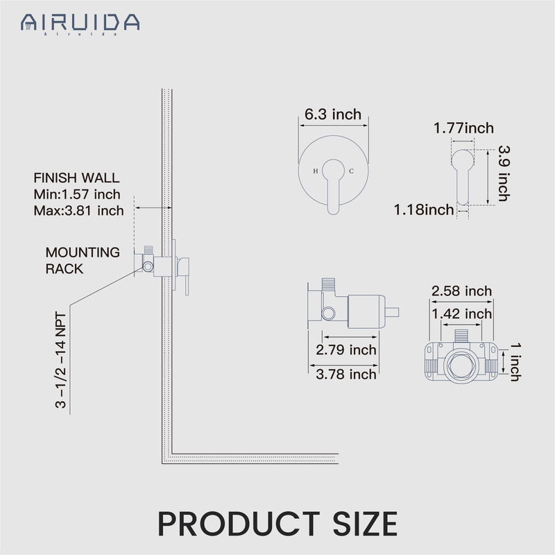 Airuida Round Single-Function Shower Handle Valve Trim Kit Shower Valves Wall Mount Brass Faucet Shower Rough-in Valve Bathroom Trim Kit Single Handle Tub Shower Valve Male Thread Brushed Gold