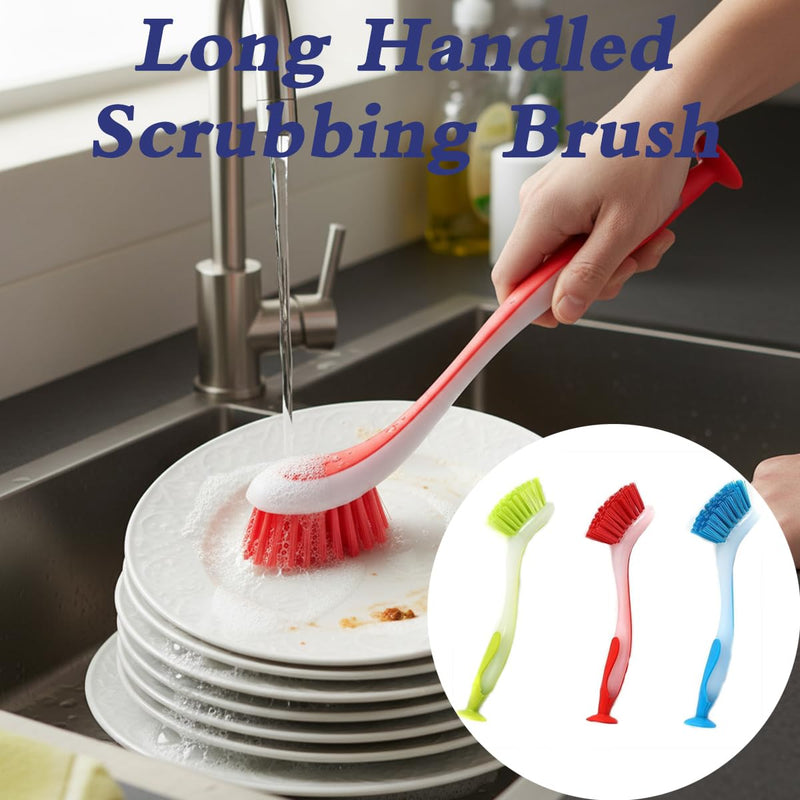 Washing Up Brush with Handle, 3-Piece Cleaning Brush with Extended Handle, Soft Dish Scrubber, Scrubbing Brush for Dishes, Washing Brush, Bathtub for Sinks Pans Sink Cleaning