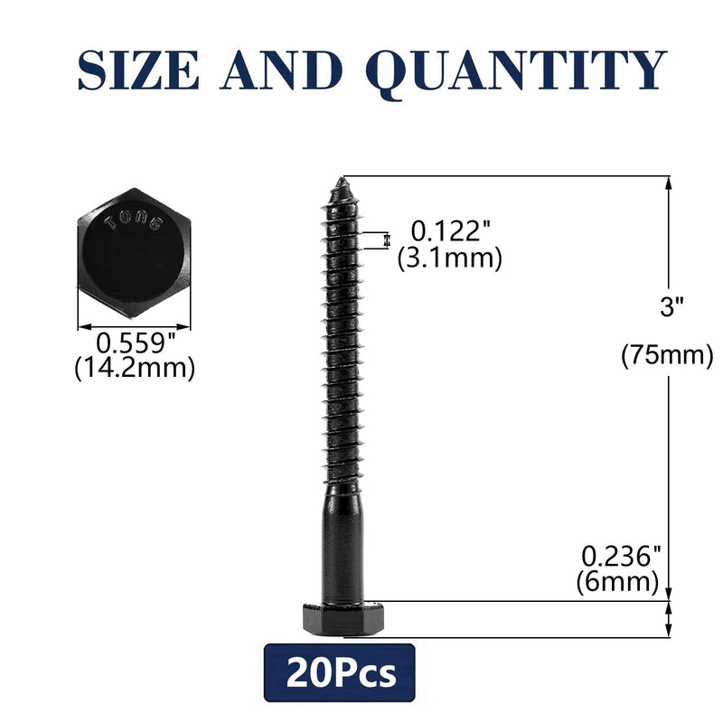 3/8" x 3" Hex Head Lag Screws Bolts 20Pcs 304 Stainless Steel 18-8, Partial Thread, Hexagon Head Wood Screws by Black Oxide by SG TZH 20 3/8" x 3"