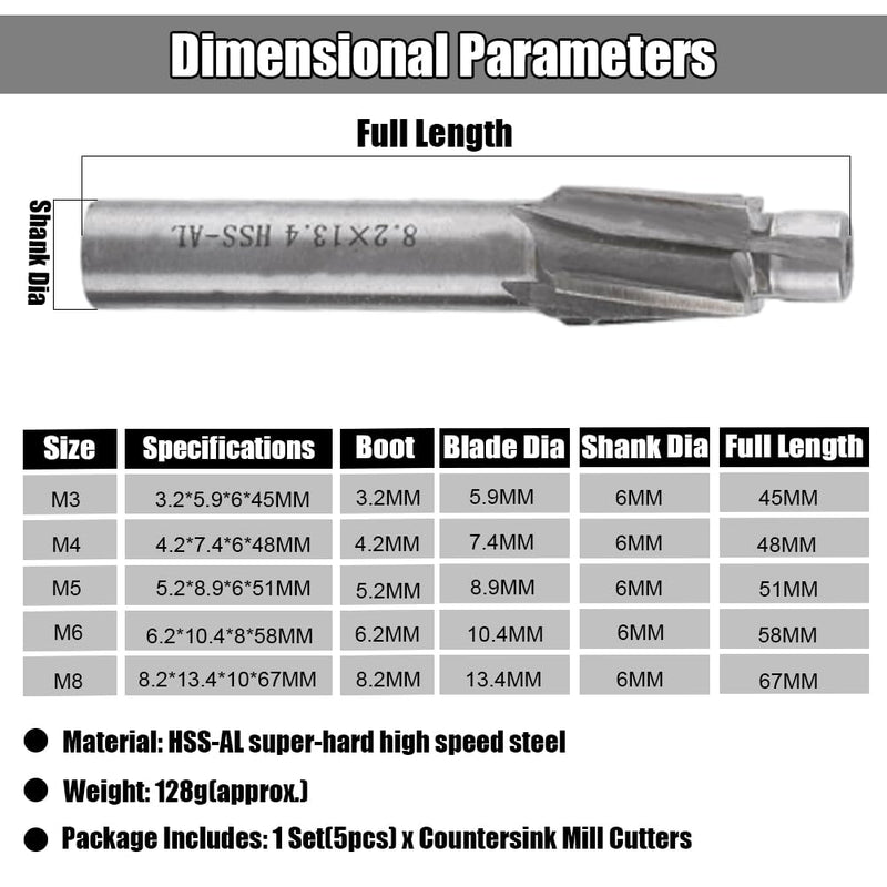[Australia - AusPower] - Akozon 5pcs M3-M8 Slotting Counterbore End Mill Cutter Solid Slot Countersink End Mill Drill Bit 