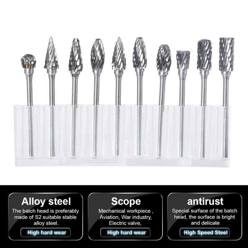 [Australia - AusPower] - 10 Pieces Double Cut Tungsten Steel Solid Carbide Rotary Burrs Set with 1/10"(2.35mm) Shank Twist Drill Bits For Dremel Rotary Tools By HOHXEN 