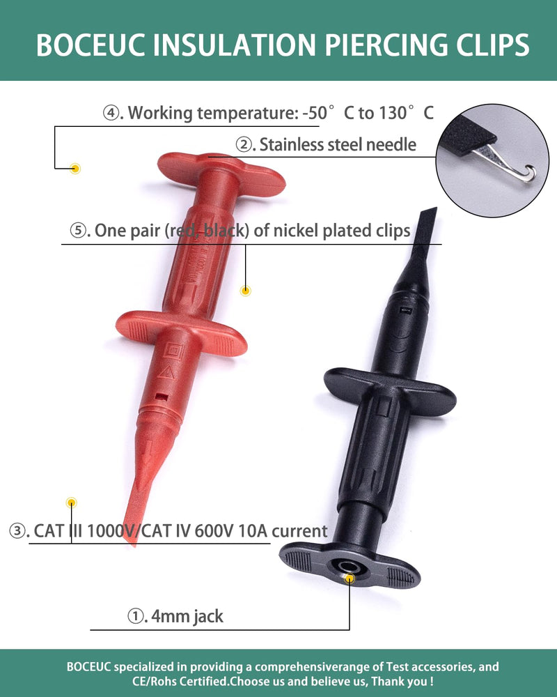[Australia - AusPower] - Test Hook Clips Multimeter Leads for 4mm Plug Test Probe, CAT III 1000V/CAT IV 600V, 10A for Electronic Circuit Testing (1 Pair, Red Black) 