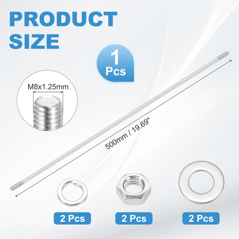 MECCANIXITY 1Set M8x500mm Double Ended Stud Screws, 304 Stainless Steel Dual Threaded Rod Bar Bolts Studs with Nut Washer for House Maintenance Structural Anchoring Fastening Screw 1