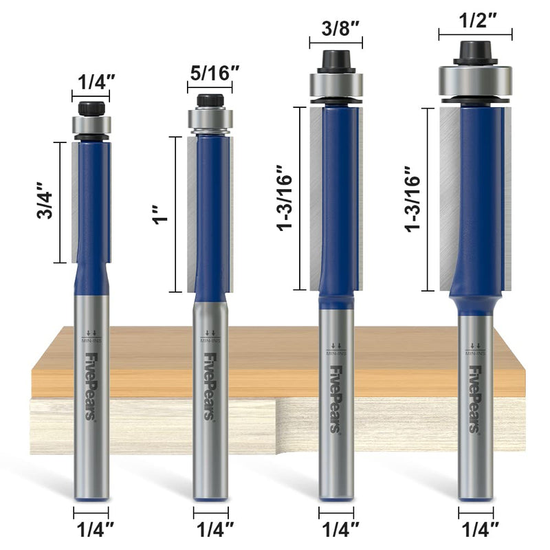 [Australia - AusPower] - FivePears 4Pcs Flush Trim Router Bits Set 1/4 Inch Shank, Bottom Bearing Flush Cut Trim Router Bit for Woodworking, 1/4", 5/16", 3/8", 1/2" Diameter 4 Bits set: 1/4" Shank 4 Bits Set - 1/4" Shank 