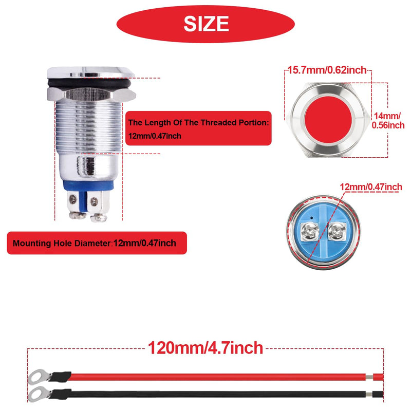[Australia - AusPower] - 10Pcs Red Indicator Light 12mm 1/2" Waterproof IP67 Metal Signal Lamp 12V 24V AC/DC LED Pilot Dash Lamp Screw terminal Concave Head with 24AWG 120mm Terminal Wires for Car Boat Gauge Cluster N.10 x 12mm Red LED Indicator Lights 12v 