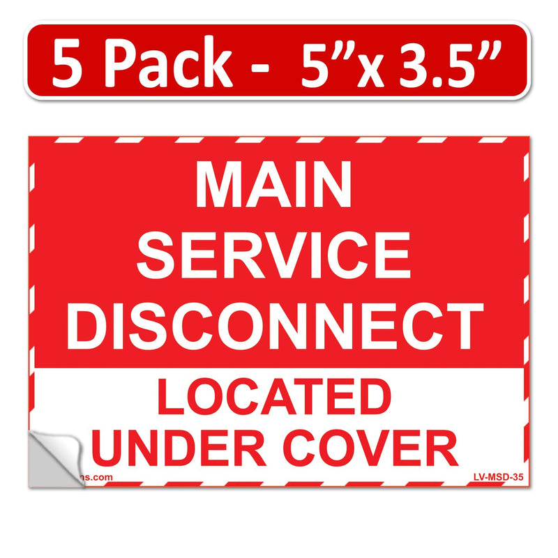 5-Pack 5" x 3.5" Main Service Disconnect Located Under Cover Labels Emergency Danger Sign Sticker Electrical Heavy Pressure Sensitive Vinyl Waterproof Ultra Durable EPA5AP Lock Out Shut