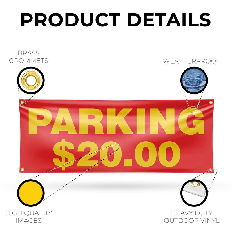 Parking $20 Dollars Banner Sign 18 Inch x 48 Inch | 13 oz Vinyl with Metal Grommets | Heavy-Duty Single-Sided Outdoor Durable Printed High-Quality Weatherproof | Made in the USA Parking $20 Dollars 18" x 48"