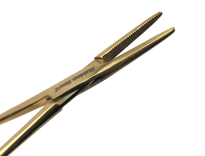 Mosquito Hemostat Locking Forceps 5" Straight with Full Serrated Jaws Ideal for Clamping, Fishing, Firefighters Nurses Doctors + More (Full Gold) Full Gold