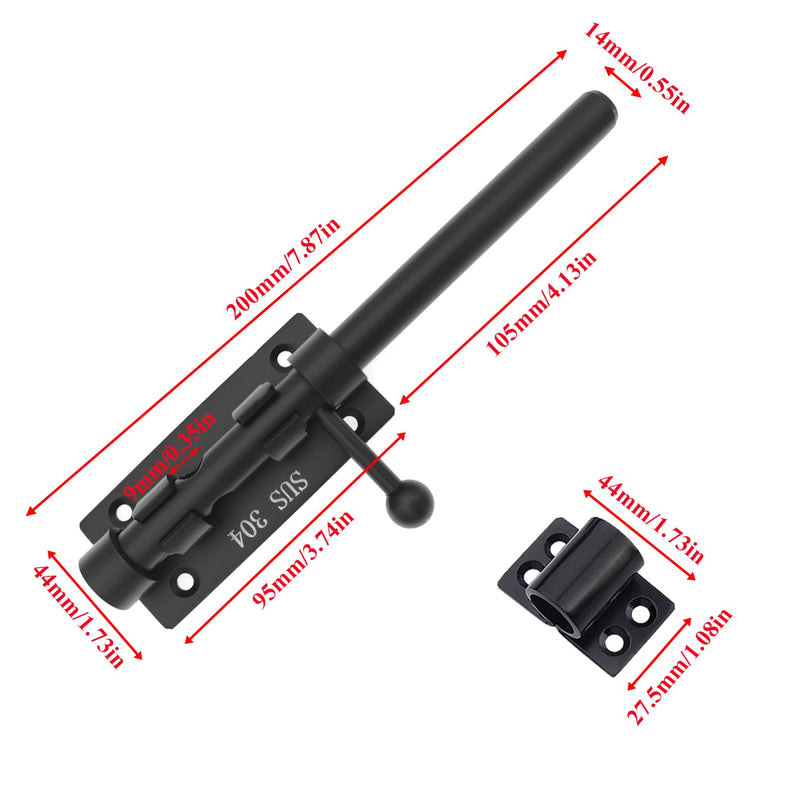 8in Slide Bolt Gate Latch 304 Stainless Steel Barrel Bolt Latch Heavy Duty Door Security Lock Thickened Door Latches Hardware with Mounting Screws for Barn Fence Shed Basement 8in Black