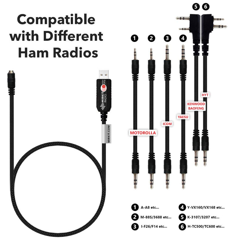 MIRKIT FTDI USB Programming Cable 6 in 1 Model 5 (59 inches Extended Length) for Flashing Ham Radios Compatible with Baofeng Radio, Motorola, Kenwood, HYT, ICOM, Yaesu, Vertex