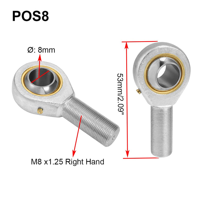[Australia - AusPower] - POS8 Rod End Bearing, 2pcs 8mm Bore Pre-Lubricated M8x1.25mm Metric Male Thread Right Hand Heim Joint with Jam Nuts POS 