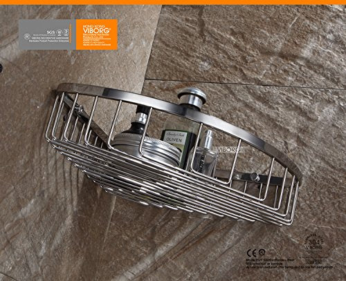 VIBORG Deluxe Solid Thick SUS304 Stainless Steel Wire Wall Mounted Single Tier Bathroom Corner Shower Basket Bath Caddy Shelf Organizer Storage Holder for Shampoo Conditioner. Polished mirror-like