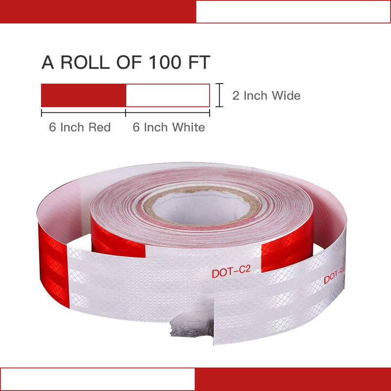 JCXJ 2inx100Ft Dot-C2 Red/White Reflective Safety Conspicuity Tape Waterproof High Intensity Reflective,Caution Sign,Driveway reflectors Tape for Vehicles,Trailers,Boats,Signs,Outdoor, Cars, Trucks 2 in x 100 Ft