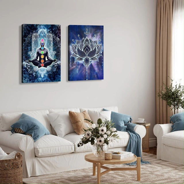 2 Pcs Framed Spiritual Canvas Wall Art Mural Chakra Meditation Poster Lotus Mandala Printed Zen Yoga Artwork Used Mindfulness Therapy Posters Bohemian Picture Home Decoration Gallery Wrapping 12X16Inch Blue Yoga Meditation