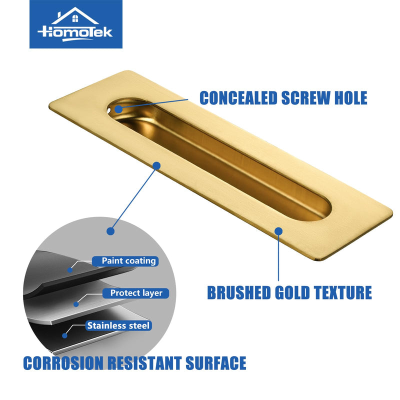 HOMOTEK 7 in Flush Pull Sliding Closet Door Handles 4 Pack Recessed Rectangular Big Handles Bypass Door Handles, Large Size Stainless Steel Barn Door Finger Pull Set, Free of Sharp Edge(Brushed Brass) Large-18cm 4Pack-Brushed Brass
