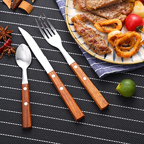 Set of 16 stainless steel dinner forks with wooden handles from HAPPY KIT, part of the 18/8 silverware flatware cutlery set.