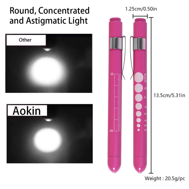 [Australia - AusPower] - Aokin Pen Light with Pupil Gauge, Reusable LED Penlight Medical for Doctor Nurse Diagnostic etc, White Light, 2 Pcs Rose 