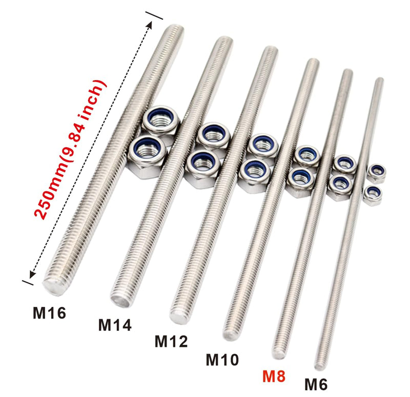 [Australia - AusPower] - M8x250mm Fully Threaded Rod Studs Long Metric Threaded Screw 304 Stainless Steel Right Hand Threads All Threaded Rod Studs for Anchor Bolts Clamps Hangers U-Bolts 2 Pack M8*250mm 