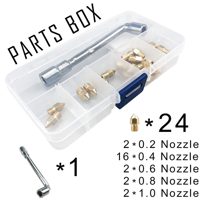 MK8 Nozzles 24 pcs 3D Printer Extruders Brass Nozzles 0.2mm, 0.4mm,0.6mm, 0.8mm, 1.0mm CR-10 Nozzle with DIY Tools and Metal Storage Box for CR-8 / CR-10 / Ender 3 / Ender 3S / 5/6 and so on MK8 Brass Kit: Various Nozzles