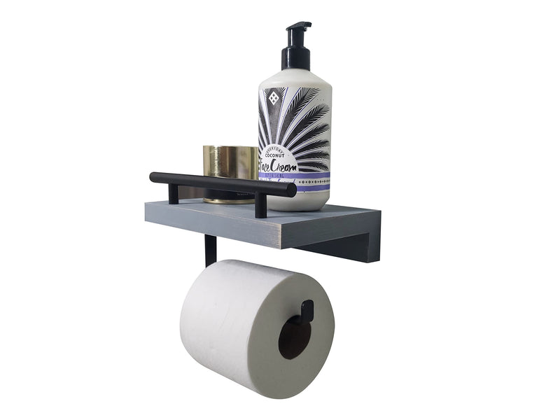Wood Toilet Paper Holder With Shelf - Rustic Pine Wood Shelving with Bar & Black Metal Storage Rack For Tissue Rolls, Wipes, Hand Towels - Wall Mounted Modern Farmhouse Bathroom Organizer Weathered Grey