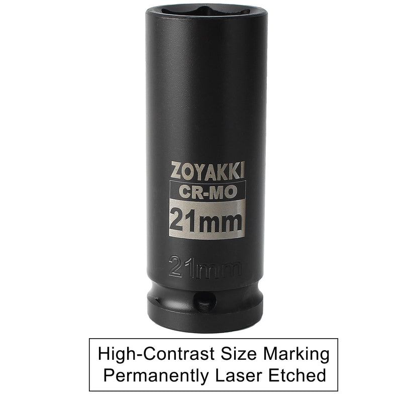 [Australia - AusPower] - 1/2" Drive x 21 mm Deep 6 PT Impact Socket, CR-MO, 1/2-inch Drive 6 Point Axle Nut Socket for Easy Removal of Axle Shaft Nuts (21MM) 21mm 