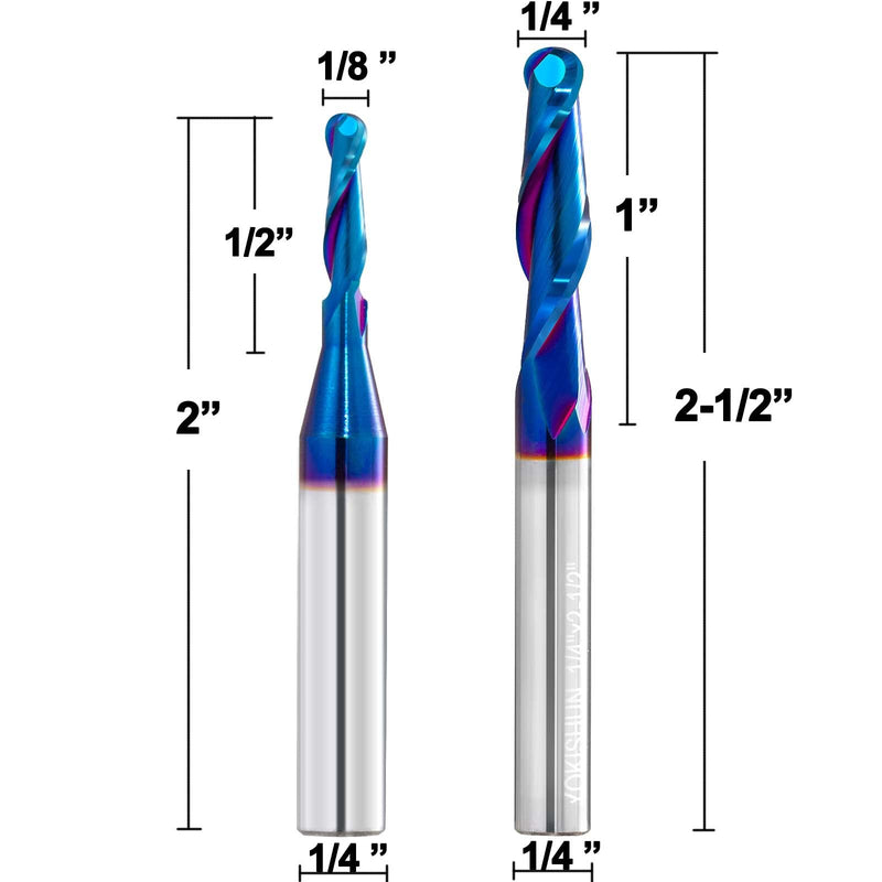 2 PCS Ball Nose Set CNC Router bits Carbide Ball Nose End Mill with Nano Blue Coating for Side Milling. End Milling. Finish Machining. (2 PSC Ball Nose Set) 2 PCS Ball Nose Set