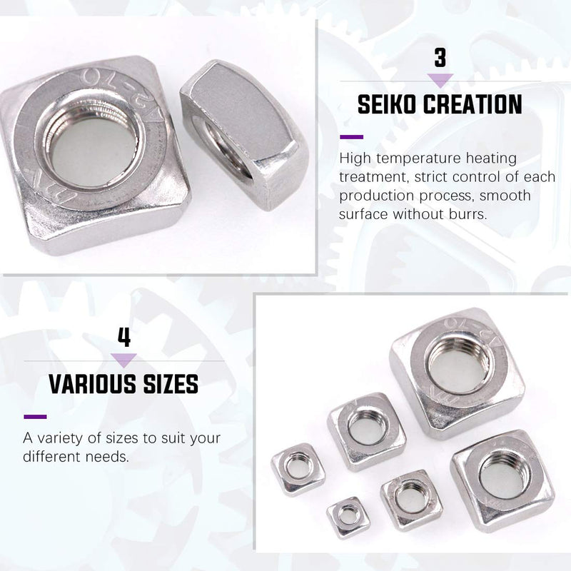 [Australia - AusPower] - Swpeet 220Pcs 304 Stainless Steel 6 Sizes Metric Square Nuts Assortment Kit, Machine Screw Nuts Metric Coarse Thread - M3 M4 M5 M6 M8 M10 