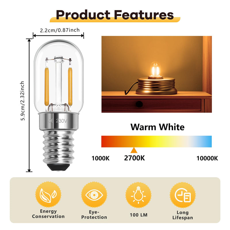 LED Light Bulb E14 Warm White 1 W 230 V, Fridge Light Bulb LED T22 E14 Warm White 2700 K, Replacement 10 W-15 W Halogen Bulb, Not Dimmable, for Night Light, Salt Lamp, Chandelier, Sewing Machine, Set 1 W Warm White