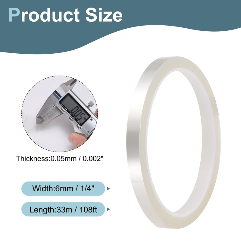 HARFINGTON 2 Rolls High Temperature Masking Tape 1/4" x108ft(6mmx33m) 0.05mm Thick PET Film Silicone Adhesive Heat Resistant Tapes for Heat Press Anodizing Circuit Board, Transparent 1/4"x108ft