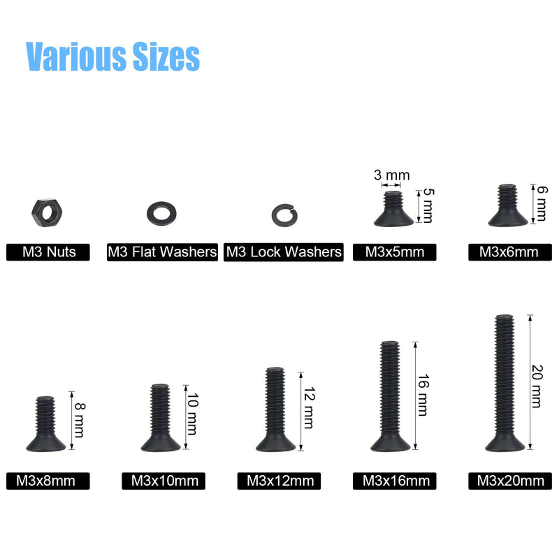 [Australia - AusPower] - 566 Pieces M3 Black Screws, 10.9 Grade Alloy Steel M3x 5/6 /8/10 /12/16 /20mm Countersunk Head Socket Cap Screws Bolts Nuts Washers Assortment Kit 