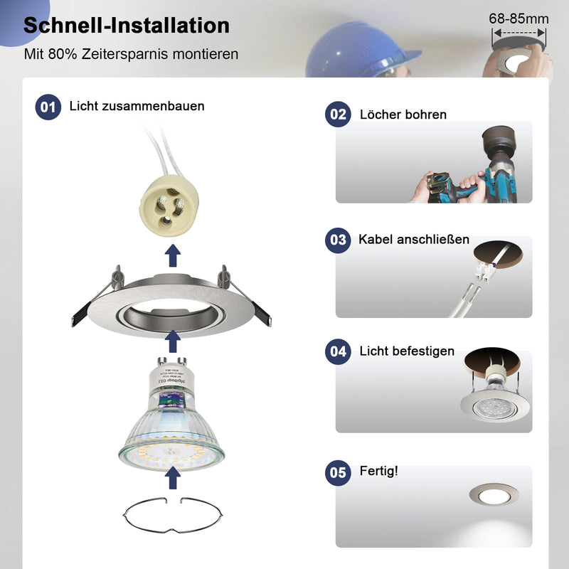 Set of 6 Recessed Spotlights GU10 Frame 68-85 mm Brushed Swivel | Recessed Frame GU10 Round LED Spotlights 230V Swivel Ceiling Spotlights Brushed Stainless Steel Living Room Bedroom Kitchen incl. Socket 6 Pieces Round