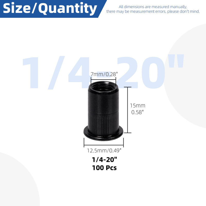 [Australia - AusPower] - Glarks 100Pcs 1/4”-20UNC Rivet Nuts Kit Black Zinc Plated Carbon Steel Flat Head Rivnut Threaded Insert Rivet Nuts Assortment Set 1/4"-20UNC 