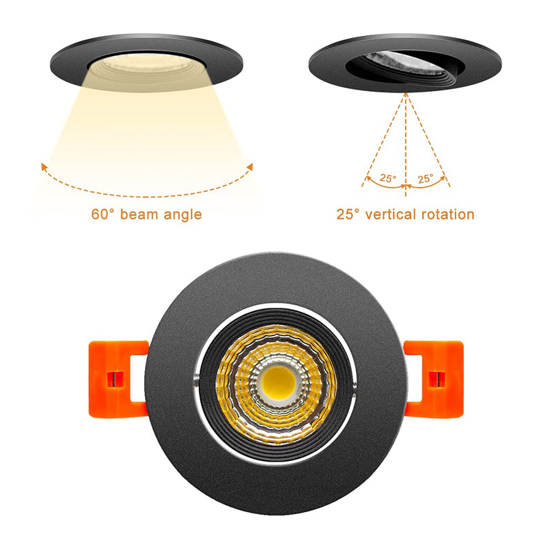 2Inch LED Recessed Ceiling Light, 3W Dimmable LED Downlight, Warm White 3000K, 60 Beam Angle Directional COB Recessed Lights with Driver, 25W Halogen Bulbs Equivalent for Ceiling Lighting, 6Pack 3000k (Warm White) 6P Black (COB)