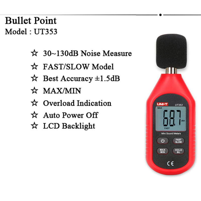 [Australia - AusPower] - UNI-T UT353BT Decibel Meter, Sound Level Meter Range 30-130 dB Accuracy 1.5dB Noise Meter with Large LCD Screen Display, MAX/MIN, Data Hold, Use for Home, Noisy Neighbor, Factory 