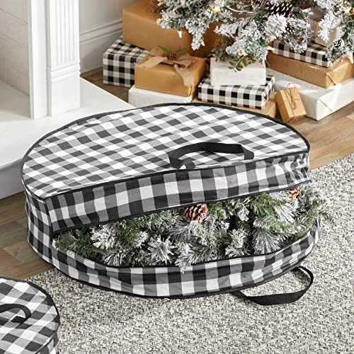mDesign Round 30" Wreath Storage Container with Handles, Fabric Christmas Wreath Storage Bag, Protector, Garland Storage Bag Container, Holiday Decoration Organizer - 2 Pack, Buffalo Plaid Black/White 30 x 30 x 8