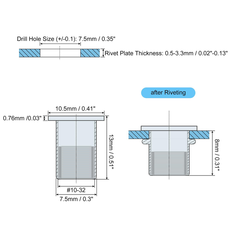 [Australia - AusPower] - uxcell #10-32 Rivet Nuts, 100pcs 304 Stainless Steel Knurled Flat Head Threaded Insert Nuts for Metal, Plastic 100 
